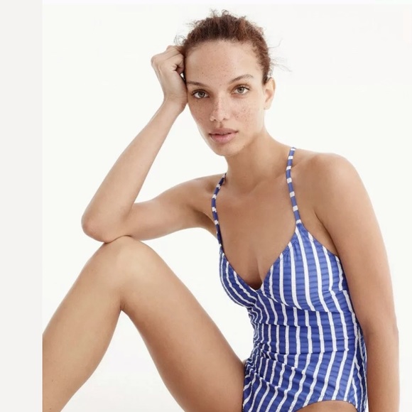 J.CREW Lace-Up Back Swimsuit Cobalt Blue White Striped VNeck Nautical Classic - Picture 8 of 12
